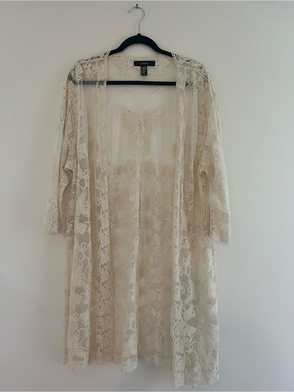 Forever 21 Ivory Lace Sheer Kimono Robe